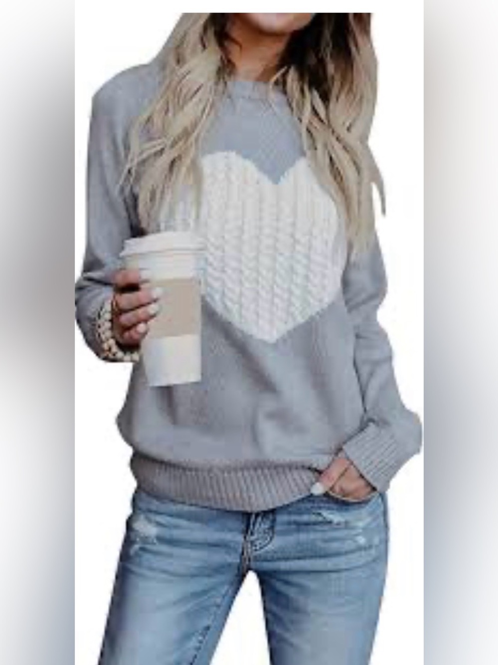 Women’s Gray Sweater with Cream Heart Knit